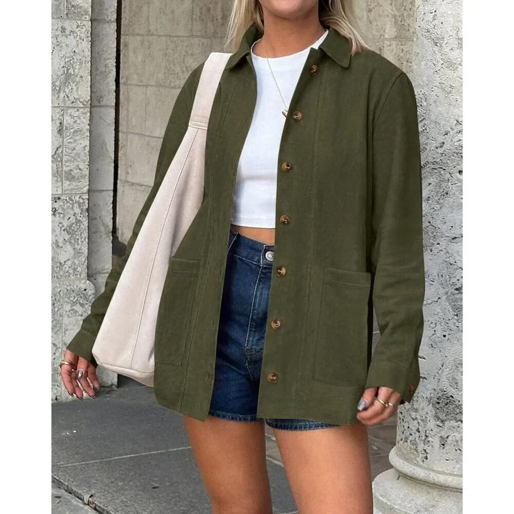 Women's Faux Leather Long Sleeve Green Button Down Jackets Coats Outerwear - Picture 3 of 6
